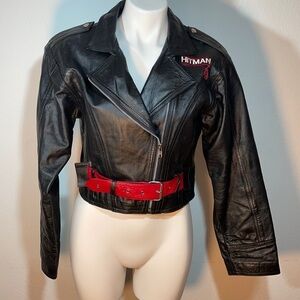 Hitman LEATHER black biker motorcycle jacket coat with red belt hitman boxing